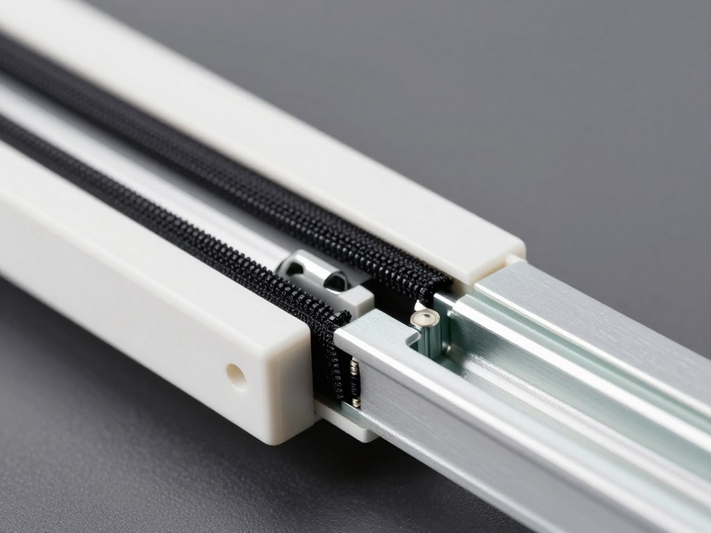 Close-up of zip track side guide rail holding the blind fabric