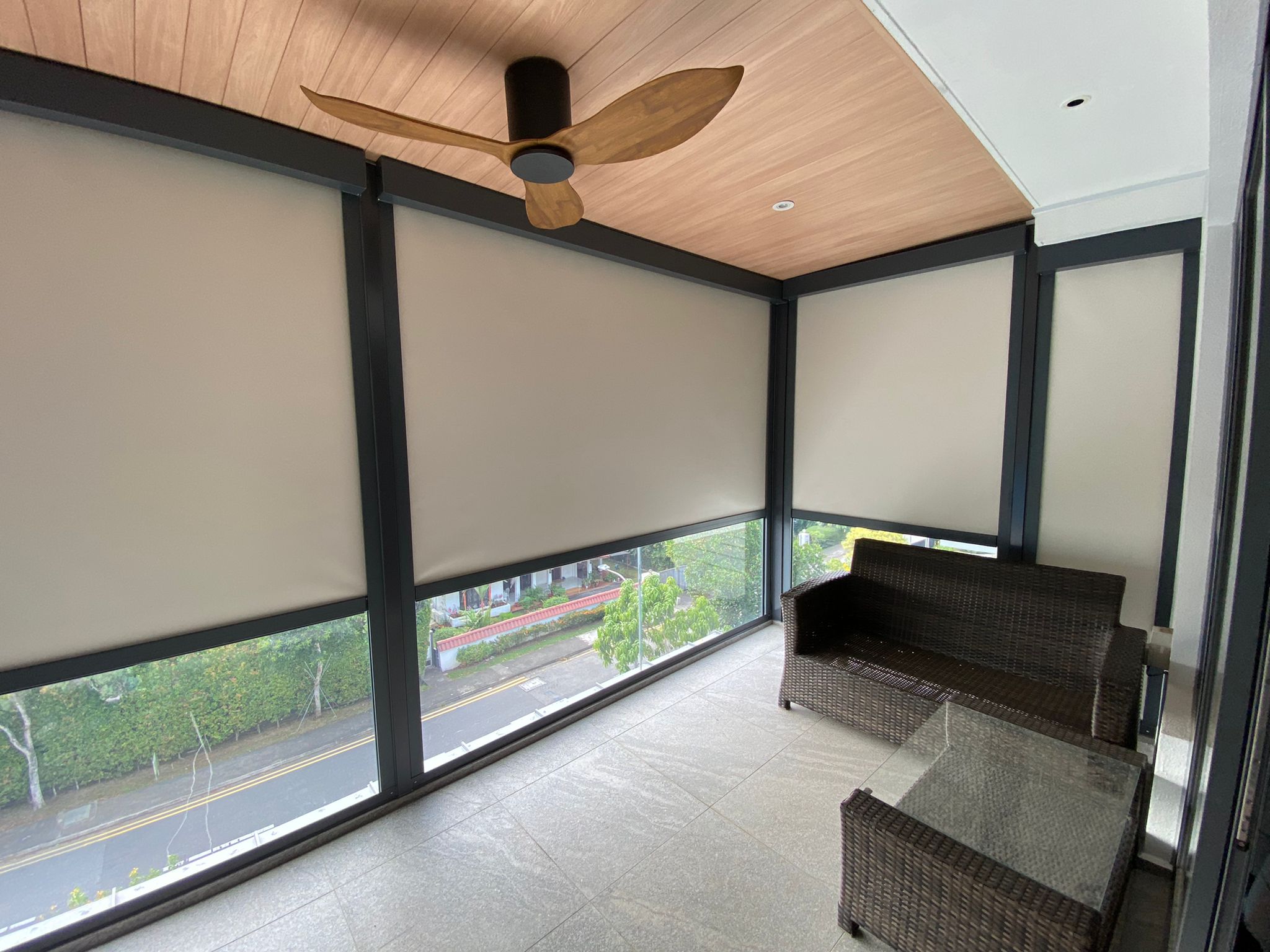 Zip blinds fitted across a wide outdoor terrace opening